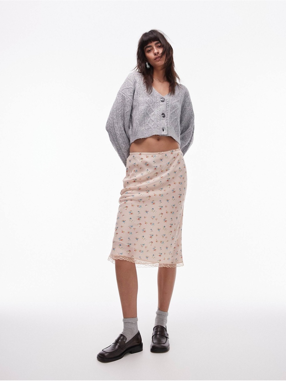 TOPSHOP vintage lace ditsy floral 90s length bias skirt in pink - 8